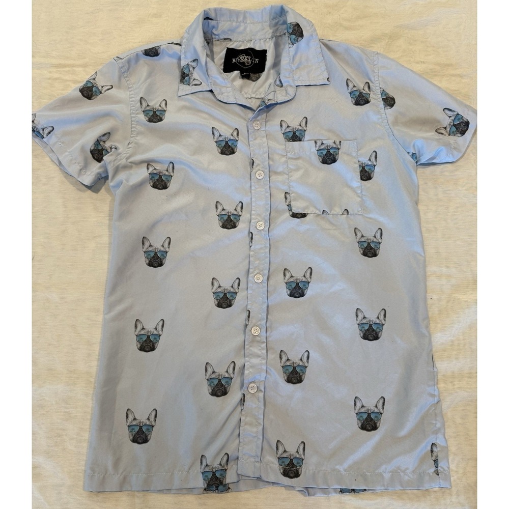 French Bulldog Brooklyn Standard Short Sleeve Button Down Shirt ‎ Men' S, Blue